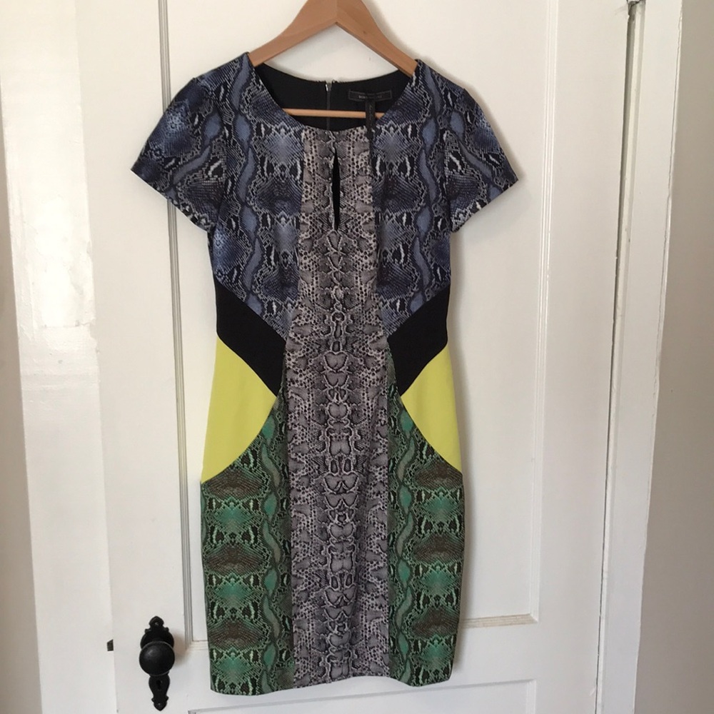 BCBGMaxAzria “Chloe” Blue Green Gray Snakeskin Print w/ yellow Color Block Dress